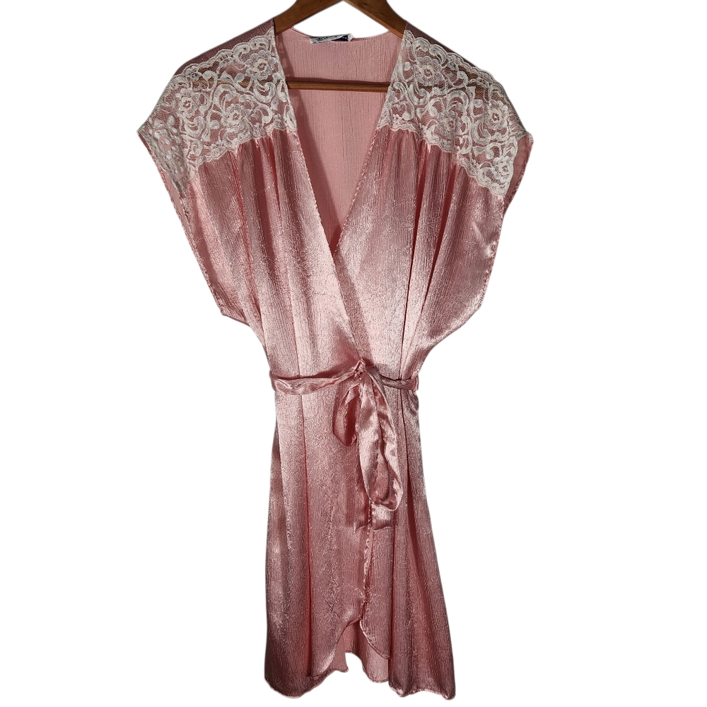 Vintage Lily of France Sleepwear Nightgown Robe Pink White Satin Lace Romantic